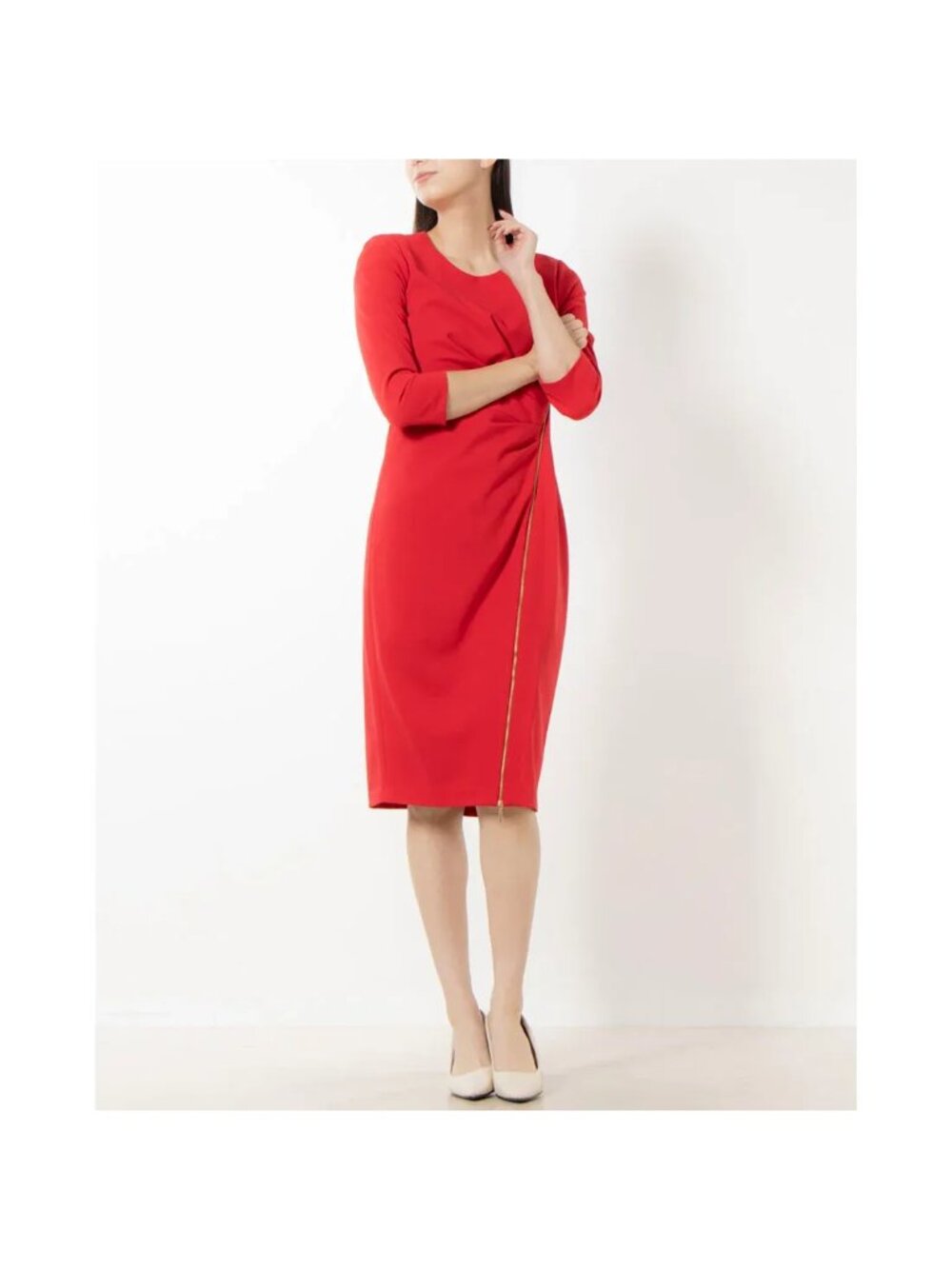 Calvin Klein Sheath Dress Size 12 Red Gold Side Zipper Ruching 3/4 Sleeves